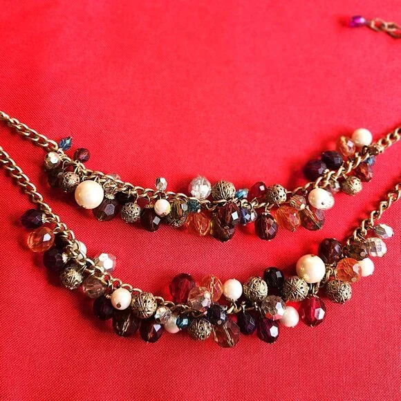 Cluster Necklace in Multi Color Beads -2 Strand Chunky Gold-Tone -18in - Picture 4 of 7